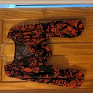 Shein - Red Floral and Black Crop Top with Long Sleeves - Small